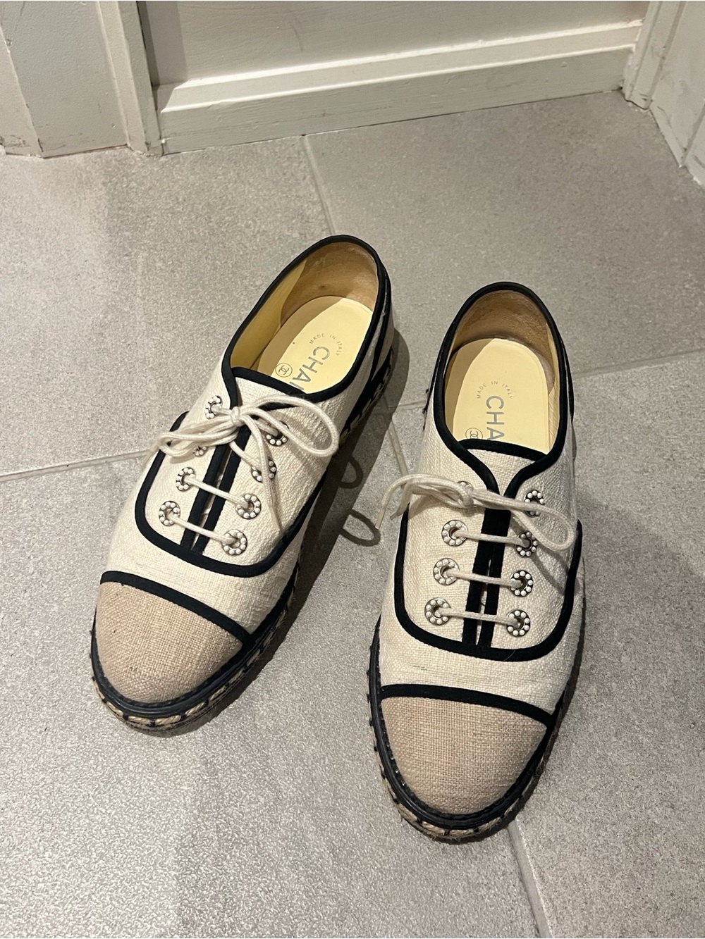 CHANEL Beige and Black Canvas Lace-Up Espadrille Flats